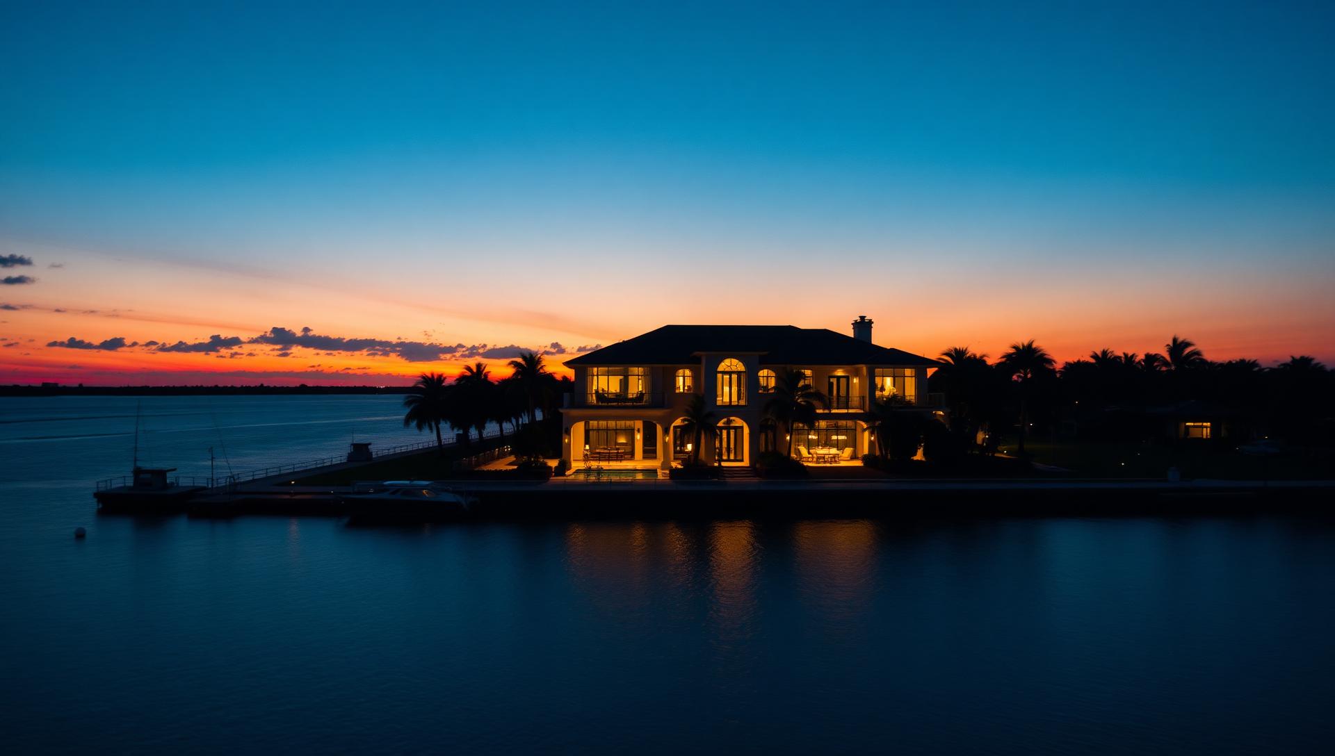Cinematic real estate videography at twilight showing a luxury waterfront home in South Florida — PB Visuals